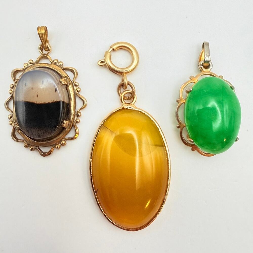 Vintage Gemstone Pendants Jadeite Scenic Quartz Citrine Filigree Halo Gold Tone